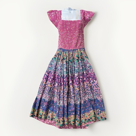 Caroline Constas Floral Smocked Dress Square Neck Midi Dress Cottagecore L New